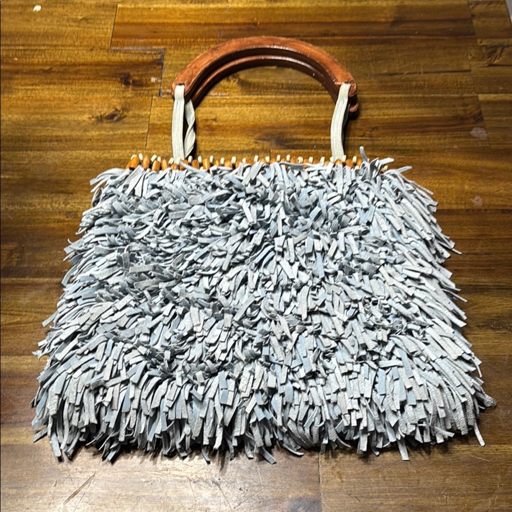 Bohemian Light Blue Leather Shaggy Bag with Wooden Handles